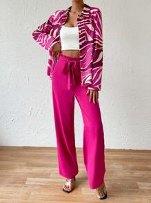 SHEIN Clasi 滿版印花襯衫&腰帶闊腿褲 - 玫紅色 - 查看 6