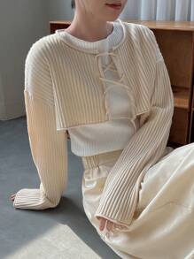 DAZY 1pc Drop Shoulder Lace Up Front Cardigan - Apricot - View 8