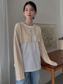 DAZY 1pc Drop Shoulder Lace Up Front Cardigan - Apricot - View 3