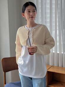 DAZY 1pc Drop Shoulder Lace Up Front Cardigan - Apricot - View 4