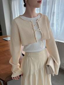 DAZY 1pc Drop Shoulder Lace Up Front Cardigan - Apricot - View 7