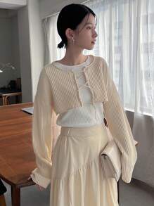 DAZY 1pc Drop Shoulder Lace Up Front Cardigan - Apricot - View 1