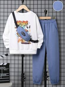 SHEIN 男大童卡通和字母圖案保暖套頭衫和運動褲 - 藍白色 - 查看 1