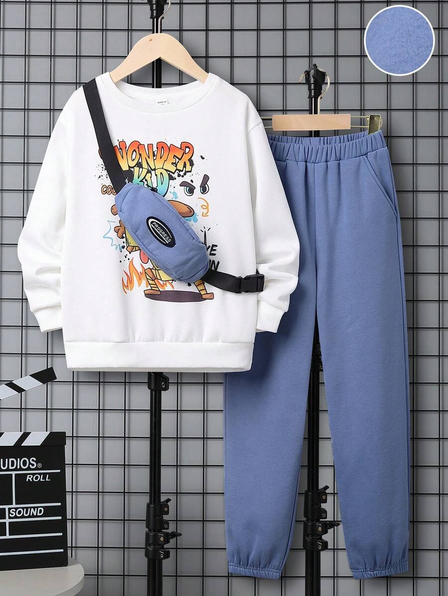 SHEIN 男大童卡通和字母圖案保暖套頭衫和運動褲 - 藍白色 - 查看 1