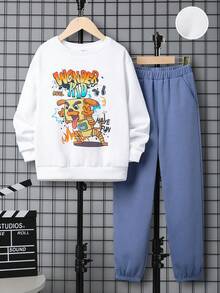 SHEIN 男大童卡通和字母圖案保暖套頭衫和運動褲 - 藍白色 - 查看 2