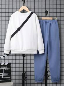 SHEIN 男大童卡通和字母圖案保暖套頭衫和運動褲 - 藍白色 - 查看 3