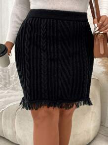 Celure 大碼流蘇邊麻花編織毛衣半身裙 - 黑色 - 查看 1