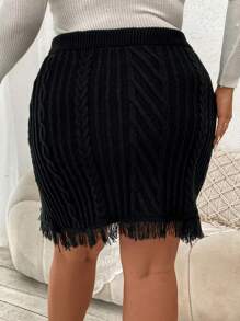 Celure 大碼流蘇邊麻花編織毛衣半身裙 - 黑色 - 查看 2