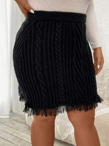 Celure 大碼流蘇邊麻花編織毛衣半身裙 - 黑色 - 查看 5