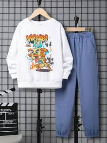 SHEIN 男大童卡通和字母圖案保暖套頭衫和運動褲 - 藍白色 - 查看 9