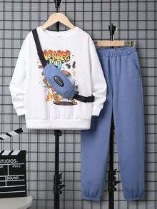 SHEIN 男大童卡通和字母圖案保暖套頭衫和運動褲 - 藍白色 - 查看 12