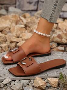 女式平底凉鞋，带 C 字母镂空露趾拖鞋，纯色沙滩装，夏季 - 棕色 - 查看 5