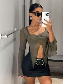 SHEIN ICON Xù Viền không đối xứng tay áo lá sen Ren Mộc nhĩ Lưới Áo - xanh quân đội - Xem 5