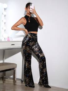 EastFlair 龍印花喇叭絲絨長褲 - 彩色 - 查看 3