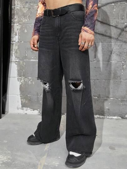 Guys Ripped Wide Leg Jeans