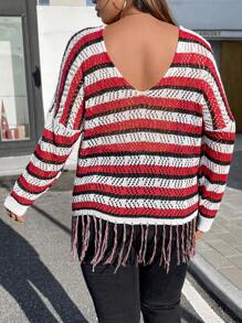 Calvaya 加大码条纹流苏下摆落肩镂空针织套头衫秋冬毛衣 - 彩色 - 查看 2