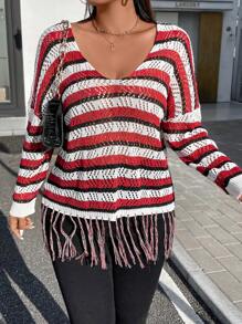 Calvaya 加大码条纹流苏下摆落肩镂空针织套头衫秋冬毛衣 - 彩色 - 查看 3