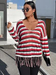 Calvaya 加大码条纹流苏下摆落肩镂空针织套头衫秋冬毛衣 - 彩色 - 查看 5