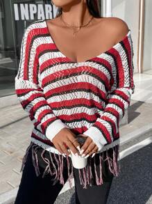 Calvaya 加大码条纹流苏下摆落肩镂空针织套头衫秋冬毛衣 - 彩色 - 查看 6