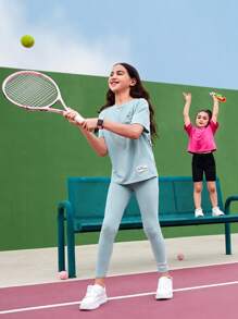 SHEIN 女大童1入組標語圖案落肩T恤和1入組緊身打底褲 - 薄荷綠 - 查看 4