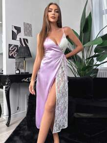 Contrast Lace Wrap Hem Satin Cami Nightdress - Lilac Purple - View 5