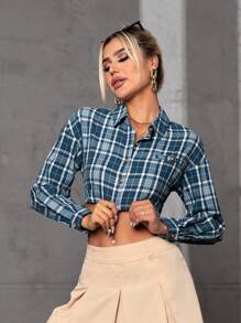 SHEIN EZwear 格紋印花落肩袖短款襯衫 - 藍色 - 查看 1