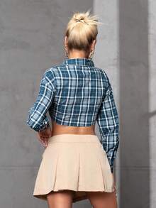 SHEIN EZwear 格紋印花落肩袖短款襯衫 - 藍色 - 查看 2