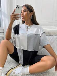 Flirla Camiseta gráfica para mujer con bloqueo de color, pespunte y hombros caídos - Negro - Ver 1