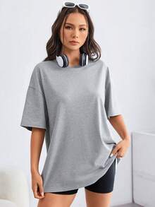SHEIN EZwear Camiseta amplia con estampado de letra de hombros caídos - Gris Claro - Ver 2