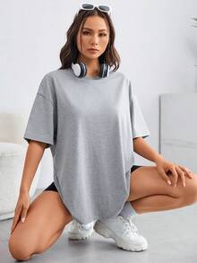 SHEIN EZwear Camiseta amplia con estampado de letra de hombros caídos - Gris Claro - Ver 4
