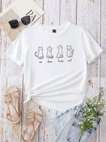 SHEIN EZwear Camiseta de mujer de manga corta, cuello redondo, corte slim con estampado de gato en un estilo casual y sencillo, adecuada para el verano - Blanco - Ver 9