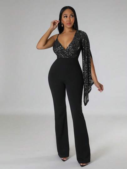 1pc Women's Sequin Panel Asymmetric Shoulder Bell Sleeve Elegant Long Sleeve Jumpsuit