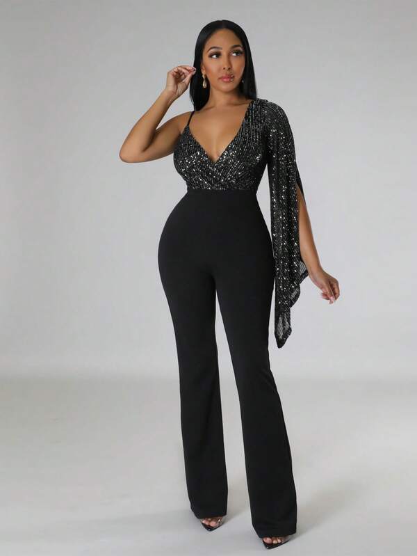 1 pièce Combinaison élégante à manches longues avec panneau de sequins asymétrique pour femmes