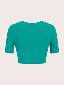 SHEINNeu 素色鏤空短款T恤 - 綠色 - 查看 2