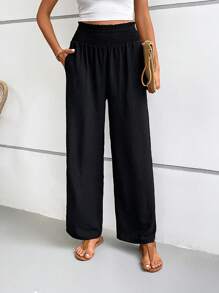 SHEIN VCAY Solid Slant Pocket Shirred Waist Trousers - Black - View 1
