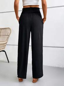 SHEIN VCAY Solid Slant Pocket Shirred Waist Trousers - Black - View 2
