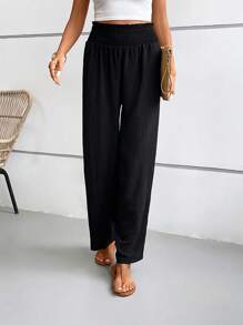SHEIN VCAY Solid Slant Pocket Shirred Waist Trousers - Black - View 3