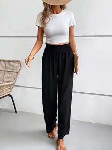 SHEIN VCAY Solid Slant Pocket Shirred Waist Trousers - Black - View 5