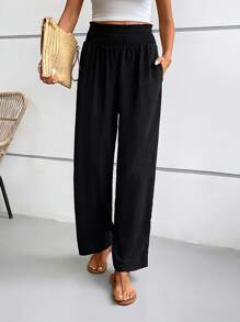 SHEIN VCAY Solid Slant Pocket Shirred Waist Trousers - Black - View 6