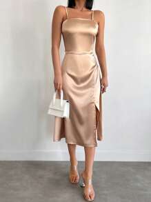 Solid Split Thigh Cami Dress