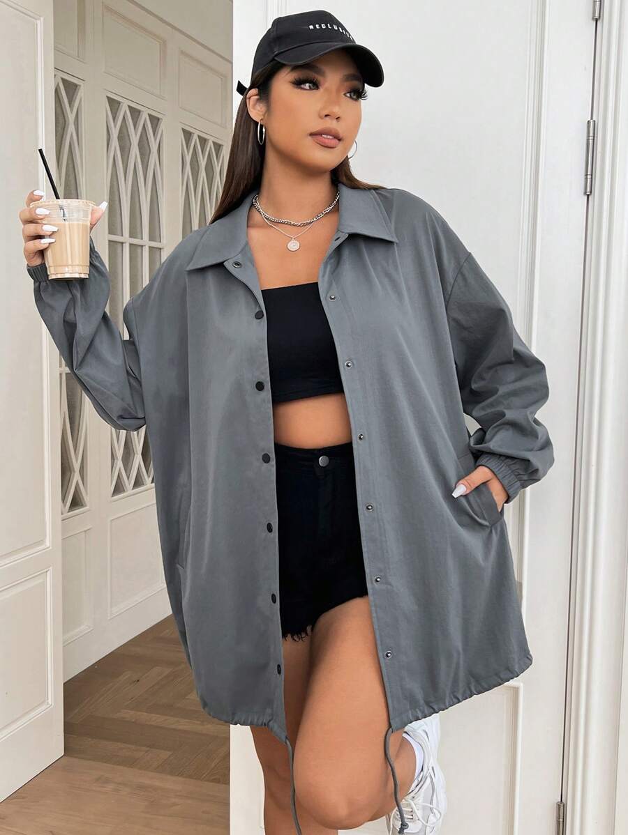 SHEIN EZwear Plus Drop Shoulder Drawstring Hem Jacket Winter Fall Autumn