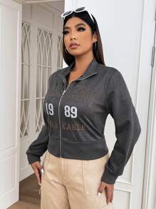 SHEIN EZwear Plus Letter Graphic Zip Up Jacket