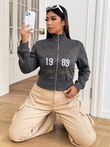 SHEIN EZwear Plus Letter Graphic Zip Up Jacket