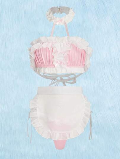 Kawaii ribete con fruncido Top halter & ribete con fruncido Tanga & Delantal
