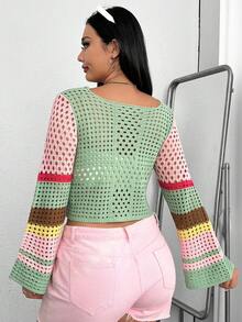 SHEIN MOD 大碼撞色方領喇叭袖套頭毛衣 - 彩色 - 查看 2