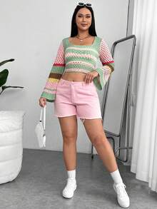 SHEIN MOD 大碼撞色方領喇叭袖套頭毛衣 - 彩色 - 查看 3