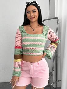 SHEIN MOD 大碼撞色方領喇叭袖套頭毛衣 - 彩色 - 查看 5