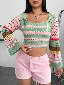 SHEIN MOD 大碼撞色方領喇叭袖套頭毛衣 - 彩色 - 查看 6