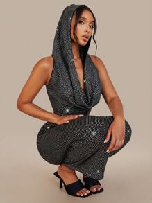 SHEIN X Antonella SHEIN BAE 前垂褶連帽背心上衣 - 黑色 - 查看 1