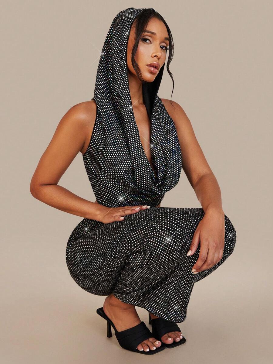 SHEIN X Antonella SHEIN BAE 前垂褶連帽背心上衣 - 黑色 - 查看 1